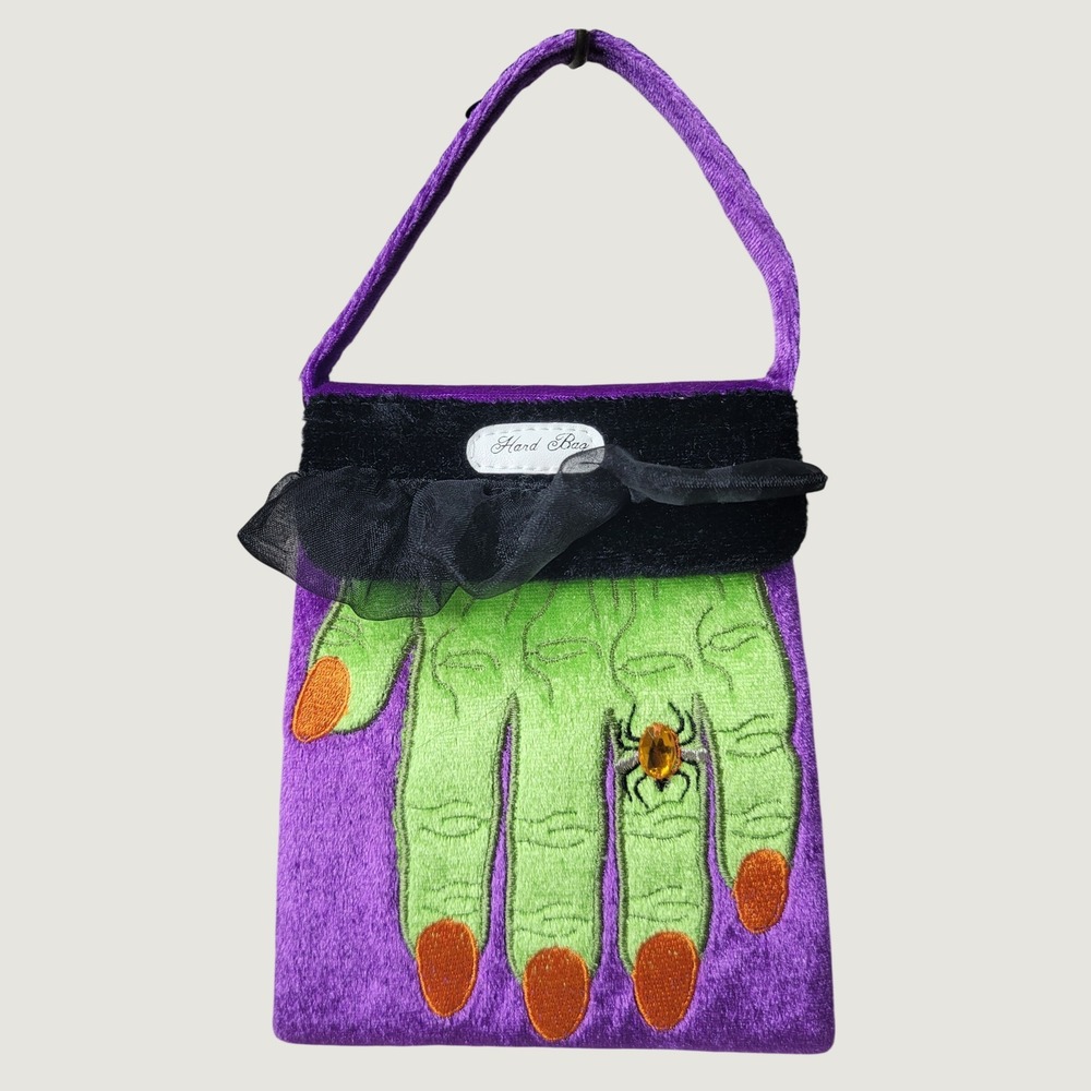 Halloween Witch Hand Purple Velvet Handbag Spider Ring Costume Accessory Bag